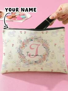 1pc Customizable Name/Text, Cartoon Floral & Animal Pattern Double-Sided Print Travel Portable Cosmetic Storage Bag, Multi-Function Zipper Makeup Bag Wallet, Perfect For Children's Skincare Storage, Can Be Customized According To Your Name - Multicolor - View 1