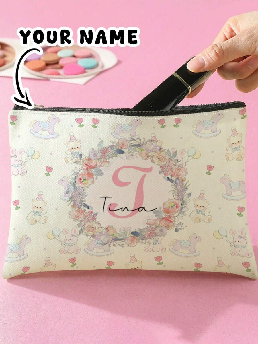 1pc Customizable Name/Text, Cartoon Floral & Animal Pattern Double-Sided Print Travel Portable Cosmetic Storage Bag, Multi-Function Zipper Makeup Bag Wallet, Perfect For Children's Skincare Storage, Can Be Customized According To Your Name - Multicolor - View 1