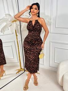 AIJ Amarilo 性感豹纹无袖高领连衣裙，金属领设计 - 修身女士时尚连衣裙，适合派对、聚会、度假和日常穿着，优雅夏季之选 - 棕色 - 查看 5