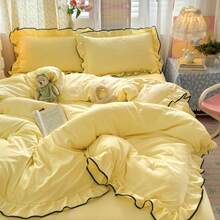 黑色荷叶边公主风柔软舒适床上用品套装（1个被套+2个枕套），适用于卧室、客房，是馈赠佳品。 - 黃色 - 查看 8