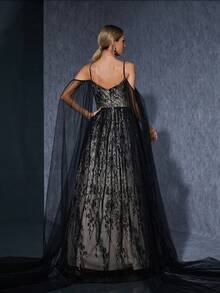 吊带V领超长袖纱巾拼接刺绣蕾丝撞色褶皱大摆连衣裙，黑色女式连衣裙 - 黑色 - 查看 2