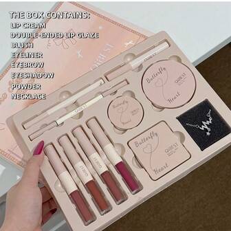  Nuevo set de maquillaje QIBEST con corazón y mariposa - Brillo de labios, rubor, sombra de ojos, polvo, lápiz de cejas, delineador - Fácil de combinar con diferentes looks de maquillaje, regalo perfecto