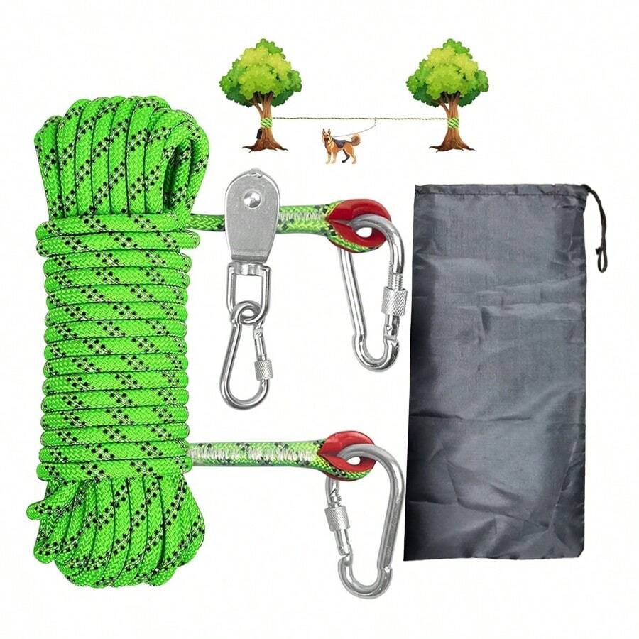 نظام قيادة كلب بطول 15 قدم ثقيل الوزن مع قيادة قابلة للسحب بطول 3 أقدام - أخضر مع تفاصيل باللون الأسود، كارابينر معدني وحقيبة تخزين، مناسب للحديقة والحديقة العامة والتخييم - أخضر - مشاهدة 1