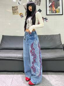 1件装女士宽松刺绣阔腿牛仔裤，舒适休闲高街时尚裤装（不含腰带/配饰）度假春季 - 藍色 - 查看 4