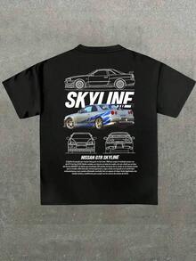 Men's Cotton T-Shirt - Black With Nissan GTR Skyline Graphic Print, Car Silhouettes & Details, Regular Fit, Machine Washable, Year-Round Comfort, Streetwear T-Shirts - màu đen - Xem 1