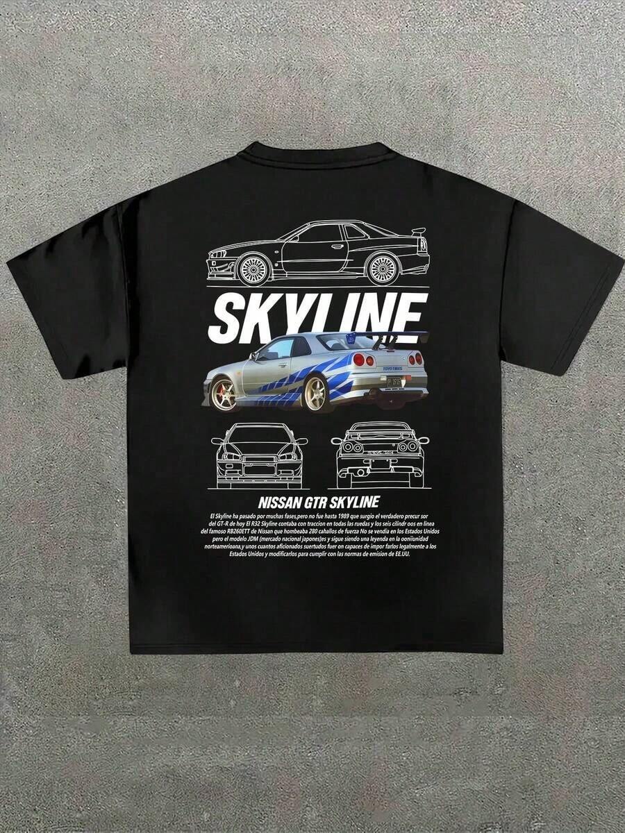 Men's Cotton T-Shirt - Black With Nissan GTR Skyline Graphic Print, Car Silhouettes & Details, Regular Fit, Machine Washable, Year-Round Comfort, Streetwear T-Shirts - màu đen - Xem 1