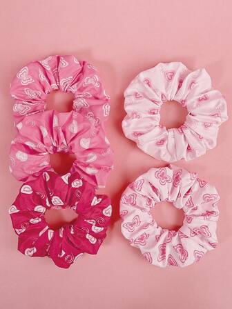 5pcs/Set Valentine's Day Multicolor Bow, Heart, Butterfly Print Silk Satin Hair Scrunchies, Suitable As Gift For Women