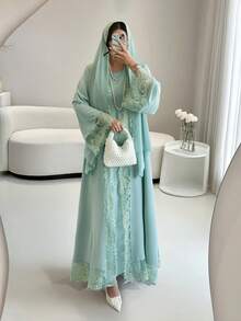Abayas For Women,Open Abaya Set With Lace Trim, Sleeveless Inner Dress & Chiffon Headscarf - Lightweight, Modest & Breathable For Spring/Summer,Elegant Party Dresses For Women - màu xanh da trời - Xem 2