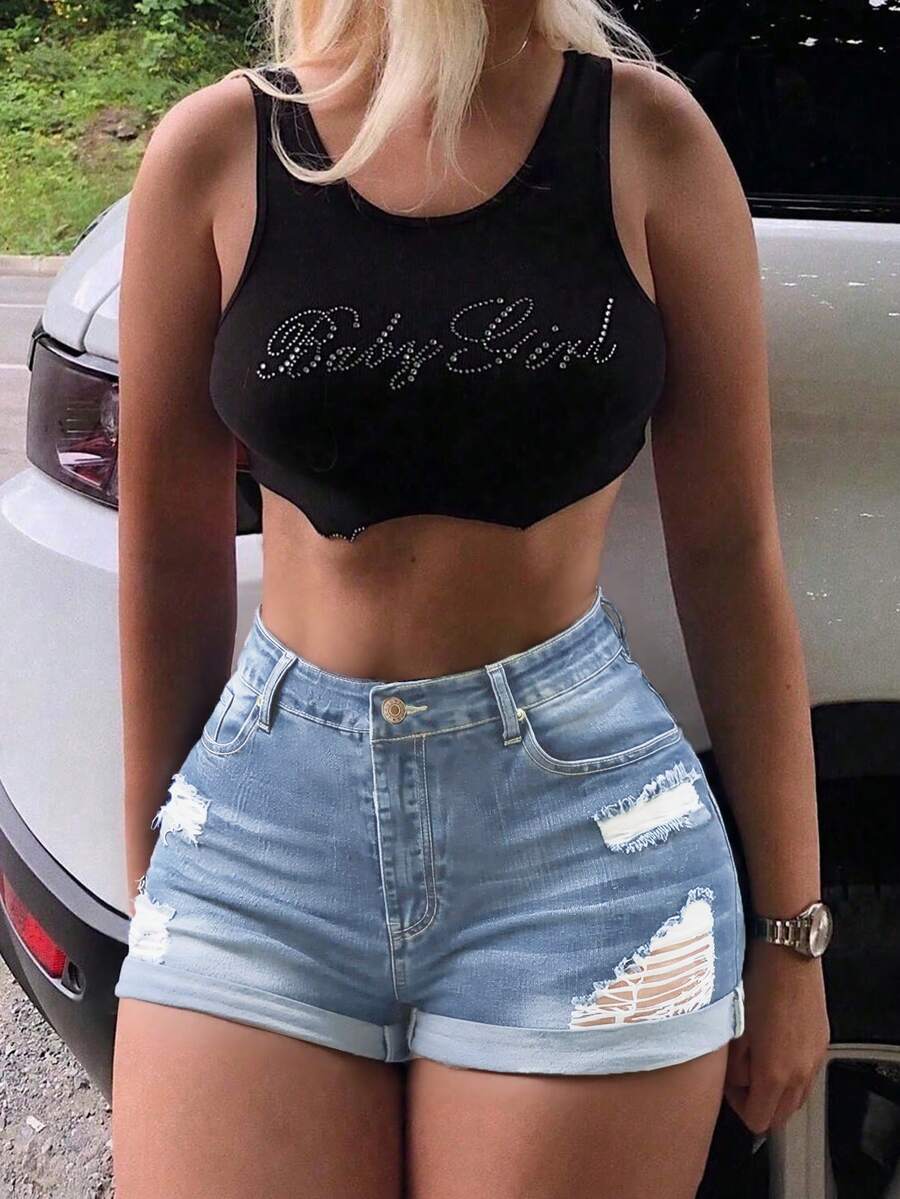 Women's Bestseller Stretchy High Waist Ripped Denim Shorts For Women - Sexy Wheat Skin Tone Curvy Fit | Elastic Fabric | Perfect For Summer Sexy Outings/Date Outfit - 淺色水洗藍 - 查看 1
