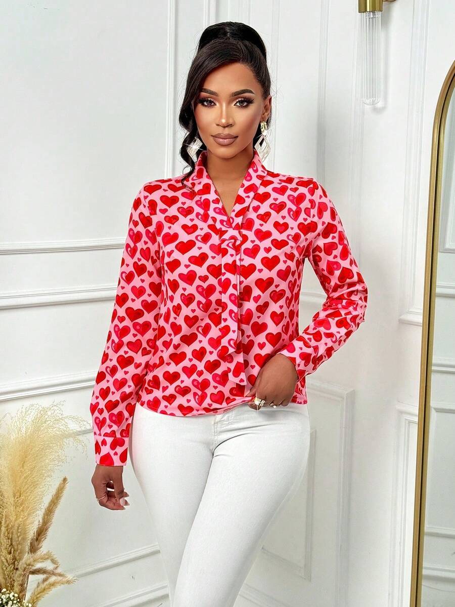 Women's Spring Summer Romantic Elegant Peach Heart Print V-Neck Streamer Detail Long-Sleeved Shirt Suitable For Dating, Office Wear (Random Printing) - Baby Pink - View 1