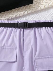 Tween Girl Letter Print T-Shirt And Flap Pocket Skirt Casual 2-Piece Set - Purple - View 4