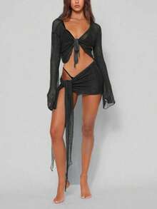 Flared Sleeve Tie Front Cover Up And Wrap Skirt 2 Pieces Set Summer - Black - View 2