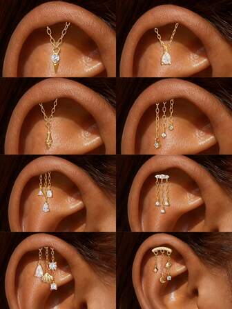 1 pieza Pendientes de cartílago de plata de ley 925 para mujeres, pendientes de espalda plana con cadena, pendientes de cartílago con CZ hipoalergénicos, regalo de joyería para perforación de daith, concha, trago y hélice para mujeres