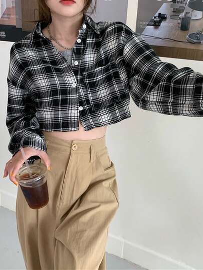 初秋新款宽松短款格子长袖衬衫女式上衣