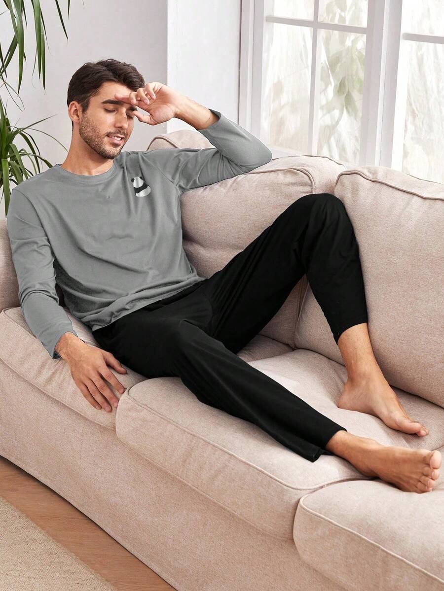 Men Cottonline Printed Casual Regular Loungewear Set - Grey - View 1