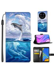 Wallet Phone Case With Dolphin Pattern, Card Slots, Stand Function, Suitable For Honor, Redmi, Gift For Couples And Friends