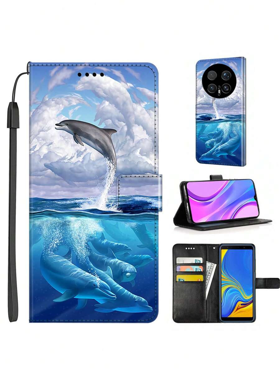 Wallet Phone Case With Dolphin Pattern, Card Slots, Stand Function, Suitable For Honor, Redmi, Gift For Couples And Friends