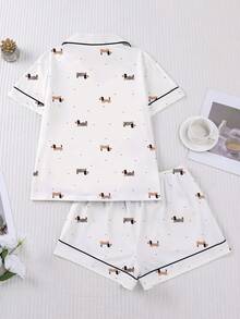 2pcs Women's Pajama Set, Dachshund Puppy Print, Women's Loungewear, Spring/Summer Holiday Outfit, Short Sleeve Top And Shorts Set - White - View 2