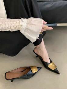 2025 Summer New Metal Buckle Pointed Toe Thin Heel Mid-Heel Mule Sandals For Women, Closed Toe Slip-On, Elegant, Women Pumps, Elegant, Kitten Heels - Black - View 2