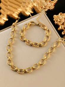 RAYQUEEN 1 Set Nuevo Conjunto de Collar y Pulsera de Acero Inoxidable con Diseño Geométrico de Elipse, Estilo Moda Hip-Hop, Adecuado para Regalo y Uso Diario - Amarillo Oro - Ver 8