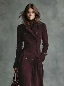 New Women's Autumn And Winter Coat Lapel Western Style Suede Long Trench Coat - 酒紅色 - 查看 1
