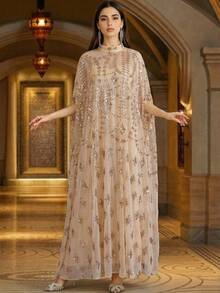 Women's Heavily Beaded & Sequined Embroidered Elegant Stand Collar 2 Pieces Arabic Style Dress, Suitable For Formal Occasions Such As Parties Spring - Apricot - View 8