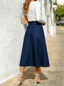 Navy Blue Elastic Denim Skirt, High Waist Slimming A-Line Flared Skirt - Navy Blue - View 5