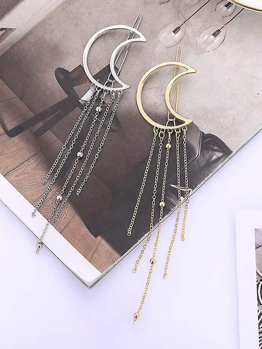 1pc Metal Creative Geometric Star Moon Tassel Hair Clip, Decorative Everyday Accessory, Claw Clips, Hair Slide, Hair Barrettes, Head Accessories, Hair Accessories For Women, Hairpin - Multicolor - View 1