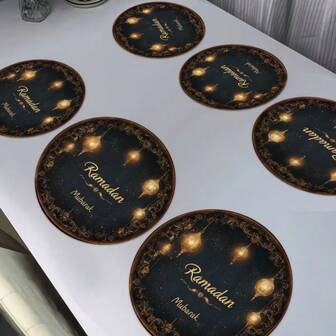 2/4/6-Piece Set Of Simple And Elegant Ramadan Moon Lantern Patterned Placemat -15.0-Inch Circular Table Mat, Suitable For Party Dining And Holiday Decoration. Suitable For Home Decoration, Holiday Table Decoration, Rural Holiday Decoration, Rural Style, Washable Mats, Durable Materials, Holiday Table Decoration, And Home Entertainment.