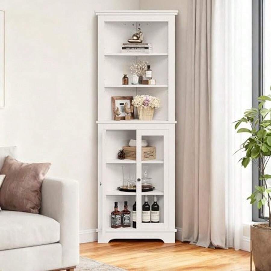 Gabinete de esquina moderno de 165 cm de alto para baño con puertas de vidrio y estantes ajustables, vitrina de 5 niveles, ahorra espacio en la cocina, sala de estar y estudio. - Blanco - Ver 1