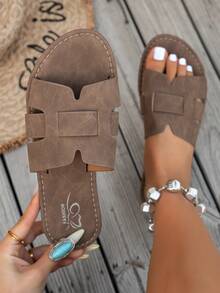 女士时尚PU皮革交叉绑带拖鞋，优雅棕色、米色、黑色，适合居家、派对、海滩、夏季穿着