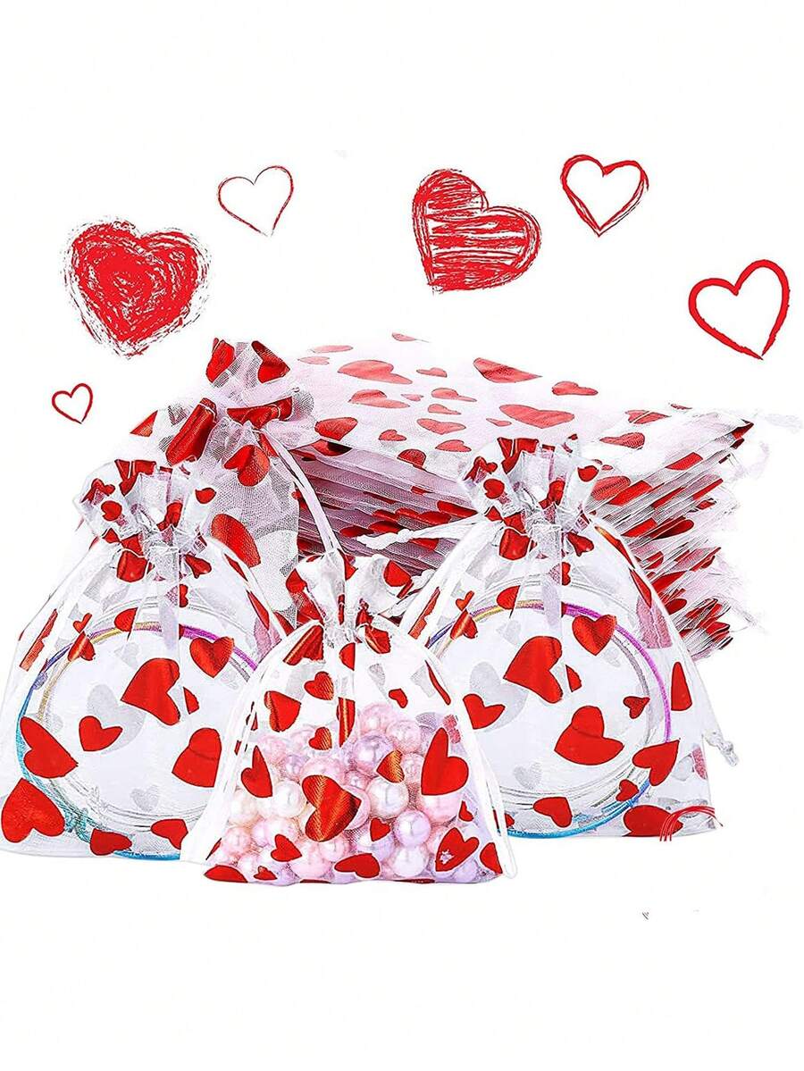 30个红色爱心透明欧根纱袋，情人节礼物袋，3.5*4.7英寸首饰袋，玫瑰花抽绳袋，婚礼回礼袋，情人节派对回礼袋，小型生日礼物袋，首饰袋，迷你抽绳袋，网状小袋，适用于婚礼派对回礼、母亲节礼物、新娘送礼会、情人节礼物包装，完美的派对用品