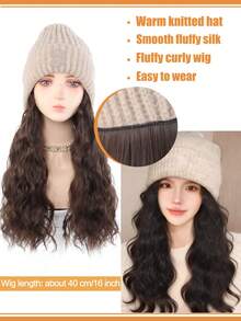 保暖针织帽假发，16英寸蓬松波浪卷发，采用耐热合成纤维制成，适合女性秋冬季佩戴。 - 彩色 - 查看 4