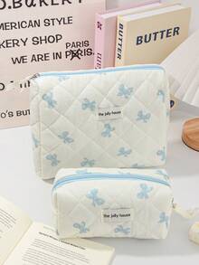 1pc Blue Bow Knot Large Capacity Handheld Makeup Bag, Minimalist Style Multi-Functional Cosmetic Bag, Travel Makeup Organizer, Women's Clutch Bag, Zipper Aesthetic Travel Toiletry Bag, Pen Case, Makeup Tool Storage Bag, Women's Gift, Travel Essential - Baby Blue - View 6