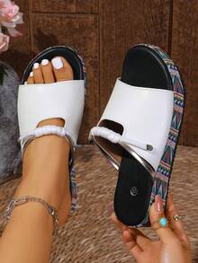 Women's Fashion Lace-Up Wedge Slide Sandals, Casual Lightweight Strap Slippers For Indoor & Outdoor, Vacation Style - White - View 5