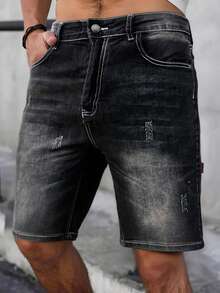 男士休闲牛仔短裤，带口袋，弹力面料 - 黑色 - 查看 6