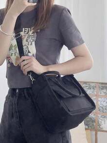 Fashionable And Lightweight Multi Pocket Design Tote Bag, Multifunctional Crossbody Bag And Lunch Bag, Outdoor Portable Large Capacity Handbag, Daily Versatile Solid Color Shoulder Bag, Suitable For Work, Commuting, Shopping, Camping, Etc - màu đen - Xem 3