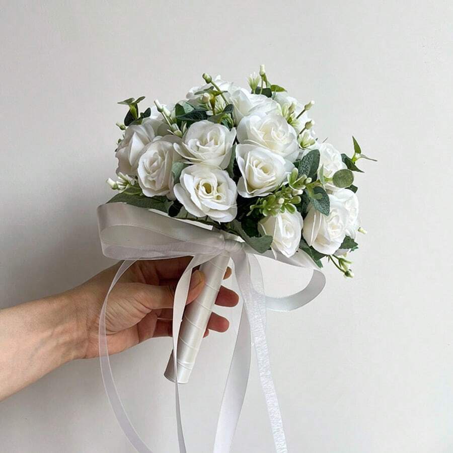 伴娘及新娘捧花、胸花、婚礼配饰、仿真丝玫瑰捧花、婚礼宴会桌中心装饰、家居装饰、新娘 - 白色 - 查看 1