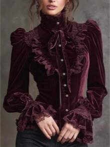 Button Up Shirt Women Long Sleeve Tops Women  Y2k Tops Blusas European And American Gothic Loose Dress Velvet Fabric Retro Long-Sleeved Shirt - 紅色 - 查看 1