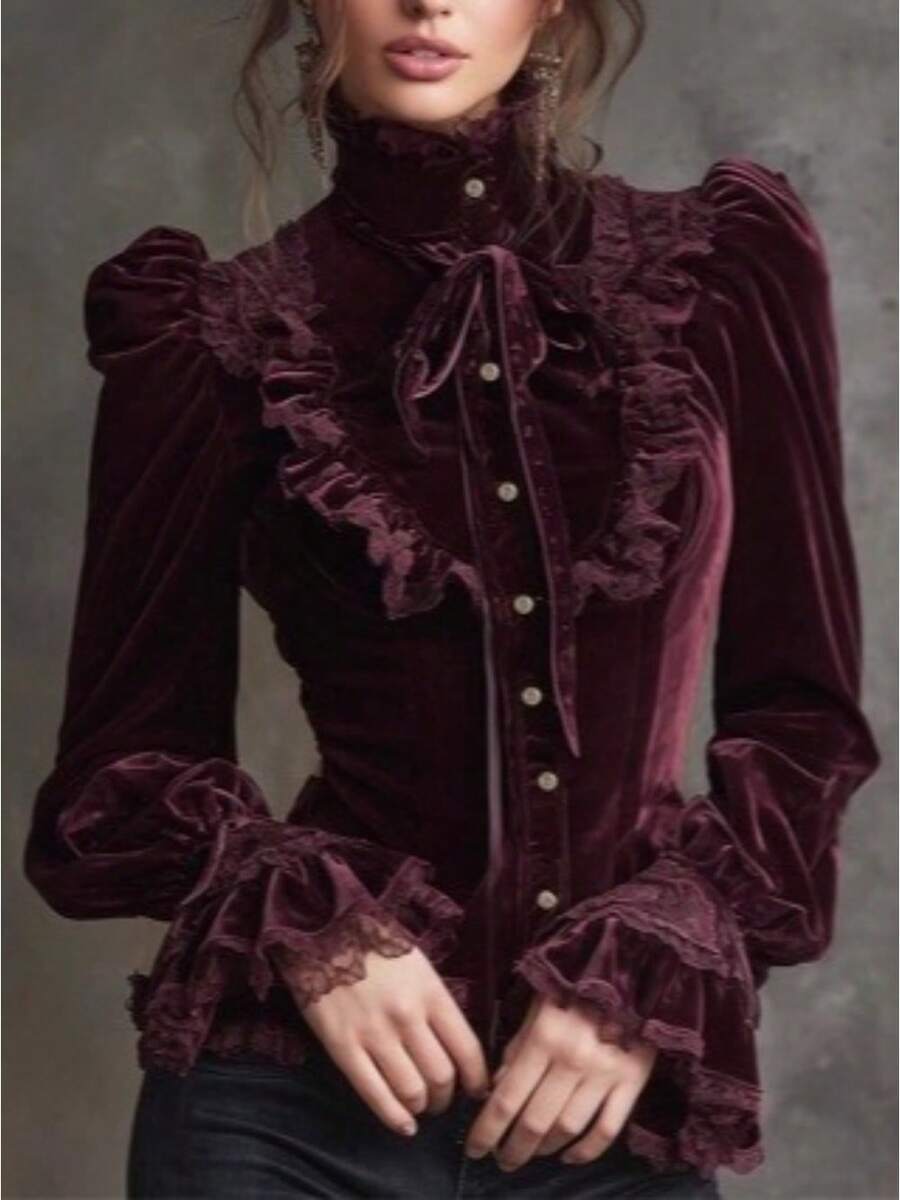Button Up Shirt Women Long Sleeve Tops Women  Y2k Tops Blusas European And American Gothic Loose Dress Velvet Fabric Retro Long-Sleeved Shirt - 紅色 - 查看 1