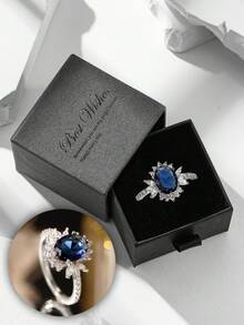 Anillo de zafiro brillante de circonita cúbica en caja de regalo, joyería de moda para mujer, material de cobre hipoalergénico y no descolorido, regalo ideal para días festivos - Plata-zafiro - Ver 8