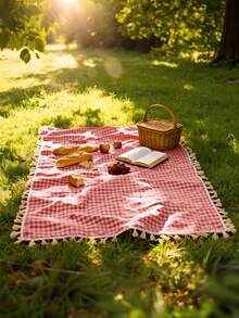 1pc Charming Red & White Plaid Rectangular Picnic Blanket - Ideal For Valentine's Day, Easter Celebrations, Woven Rayon Tablecloth With Tassels, Perfect For Winter Camping, Beach Outings, Photography Backdrop And Picnic Accessory - Red - View 5
