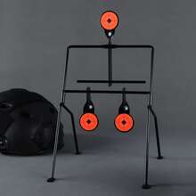 1 pezzo Bersaglio metallico, 3 bersagli rotanti autoreset per pratica all'aperto, adatto per fionda, caccia, pratica di fionda. Include attrezzo per il montaggio. Superficie del bersaglio spessa 2 mm, base stabile con 4 picchetti per il terreno. - Tre obiettivi - Visualizzare 4