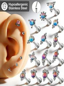 1PC Stainless Steel16G Flash Cz Labret Lip Ring Threadless Flash Cluster Ear Cartilage Tragus Helix Daith Piercing Jewelry - steel color - View 9