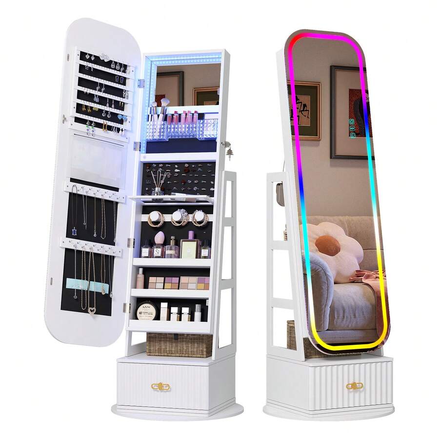 HWB 360°Swivel Jewelry Organizer With Full Length Mirror With Lights,Jewelry Armoires Cabinet Standing With Drawer,Large Mirror Storage For Jewelry And Makeup(White/Black) - 白色 - 查看 1