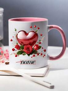 1pc Customizable Name/Text Mug, Elegant Red Rose Pattern, Personalized Valentine's Day Mug - Customizable Name Pair, Customized Coffee Cup, Personalized Mug, Unique Mug, Reusable, Birthday, Anniversary, Valentine's Day, Christmas Gift, Suitable For Women, Men, Couples, Home & Office Use - Multicolor - View 3