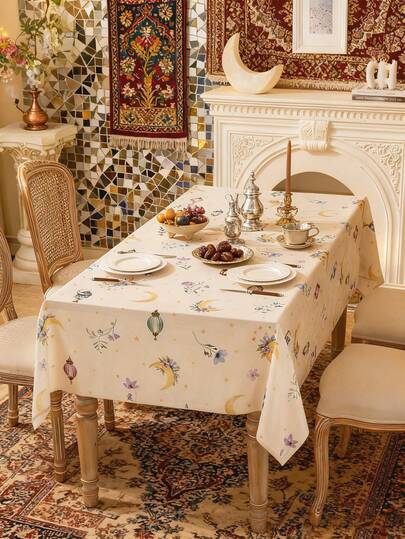 1 قطعة مفرش طاولة بيج، بطراز بسيط وطازج، مفرش طاولة رمضان، هلال ذهبي، نجوم، فوانيس ملونة، بنقشة زهرية، قابل للغسيل، مفرش طاولة مستطيل، مناسب للمنزل، المطبخ، غرفة الطعام، غرفة المعيشة، الطعام، التجمعات، الحفلات، الاحتفالات العربية، ديكور العطلات، هدية