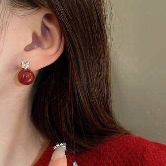 1 คู่ ต่างหูสตั๊ดรูปทรงเรขาคณิต ประดับเพทายและไข่มุกสไตล์มินิมอล