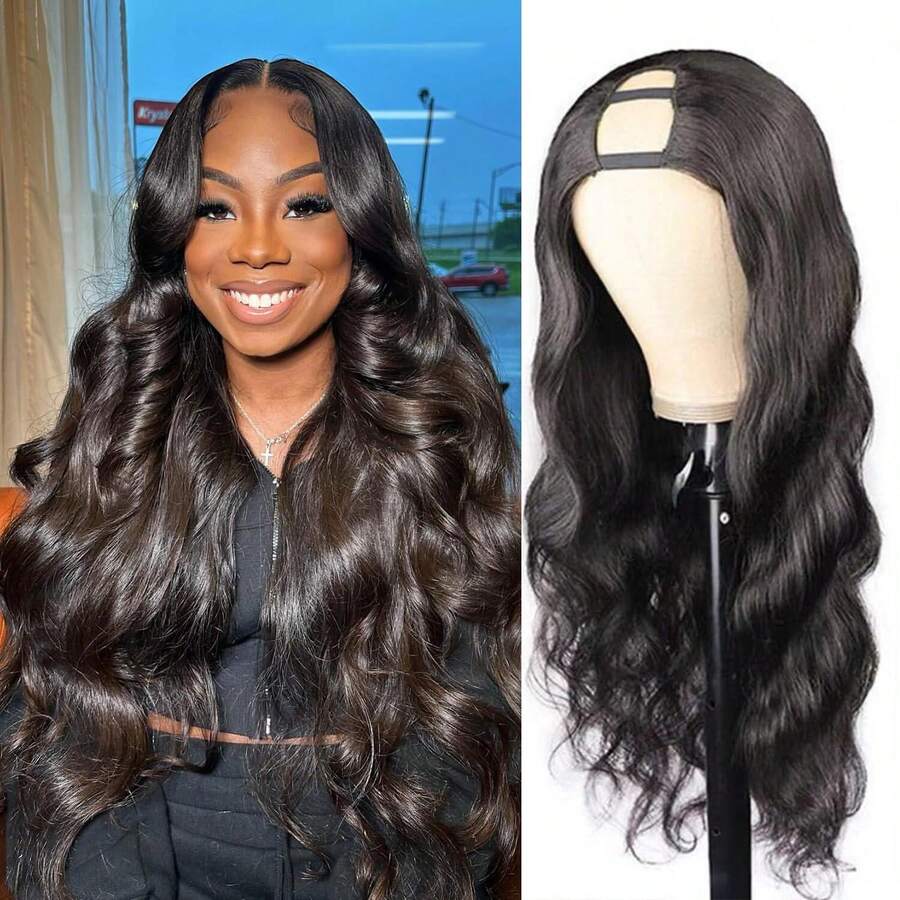 Glueless U Part Body Wave Human Hair Wigs For Women Malaysia Hair Machine Made U Shape Wigs 180% Density Middle Part U Part Wavy Human Hair Wigs For Beginner Friendly - Natural Black - Xem 1