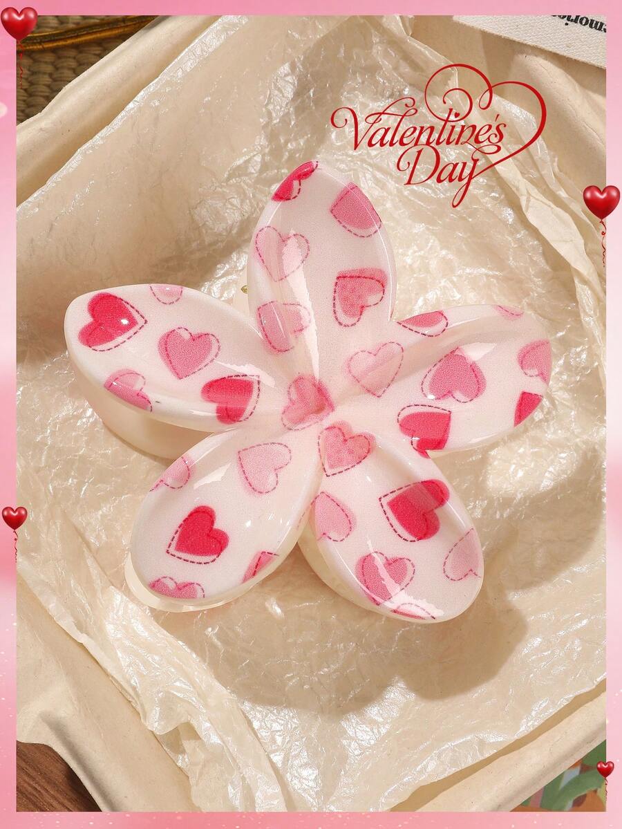 1 pieza Pinza para el cabello con estampado de flor y corazón rosa de estilo bohemio, material de ABS, adecuada para la playa, vacaciones, accesorios de moda de primavera/verano, pinzas casuales elegantes, clips de belleza para el cabello para mujeres - Corazón rosa - Ver 1